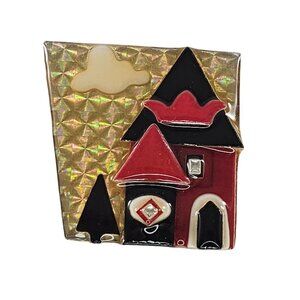 House Pins by Lucinda Brooch Red Black Crown Cloud Tree Art Deco House Design